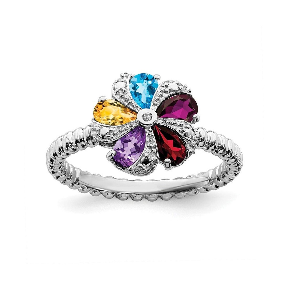 Solid Sterling Silver Stackable Expressions Gemstone & Diamond Ring 8