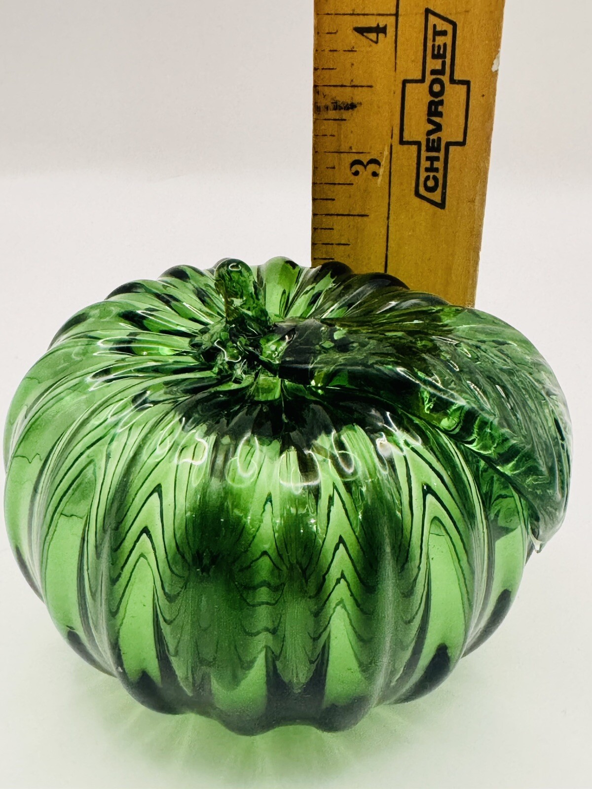 Vintage Hand-Blown Glass Green Apple/Pumpkin Paperweight Home Decor