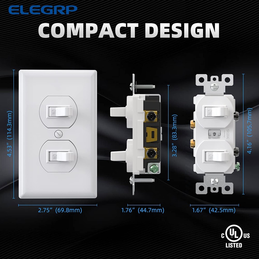 ELEGRP Double Toggle Light Switch 2 Pack Dual Single Pole 15A 120V White