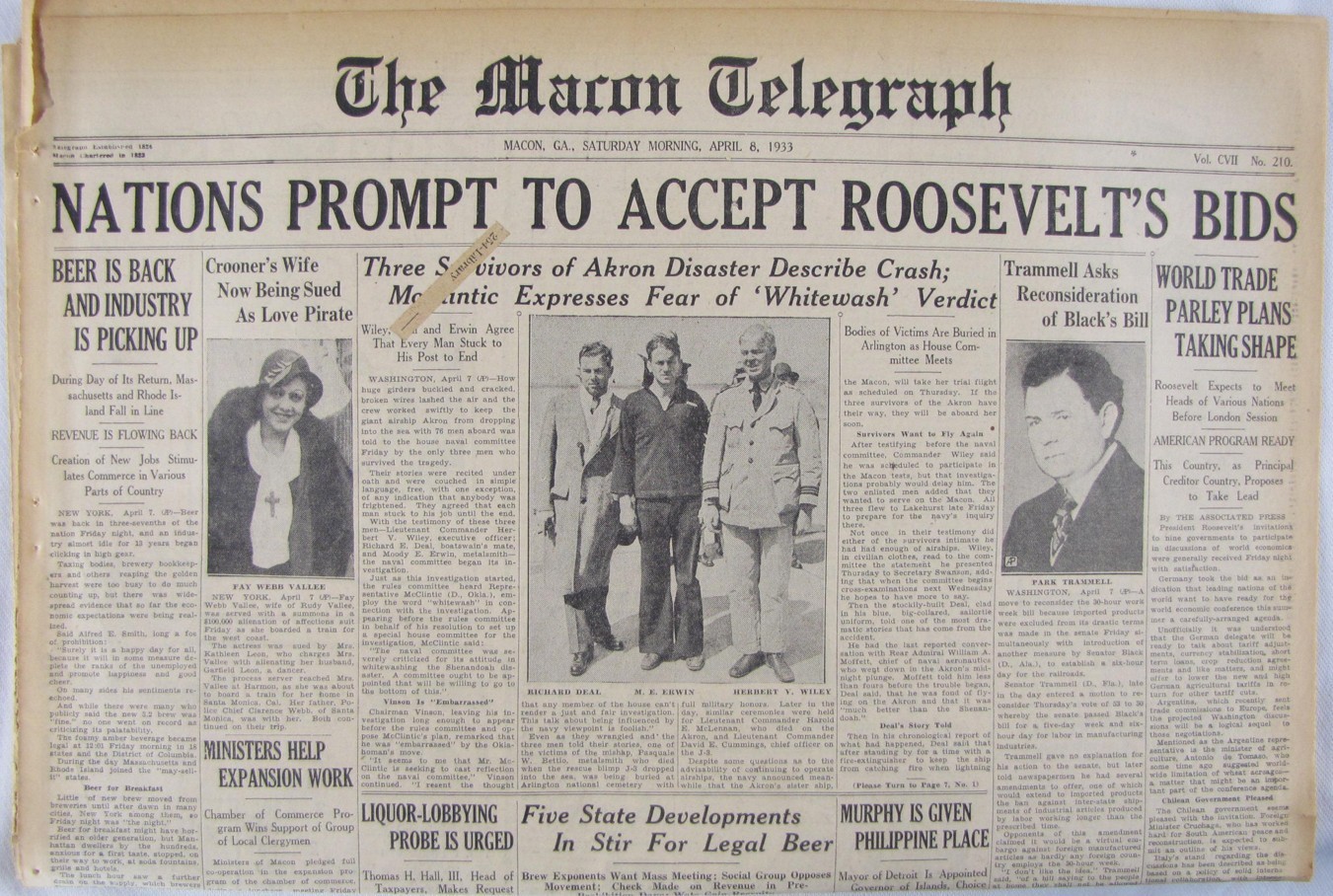 Vintage 1933 USS Akron Airship Crash Survivors Newspaper