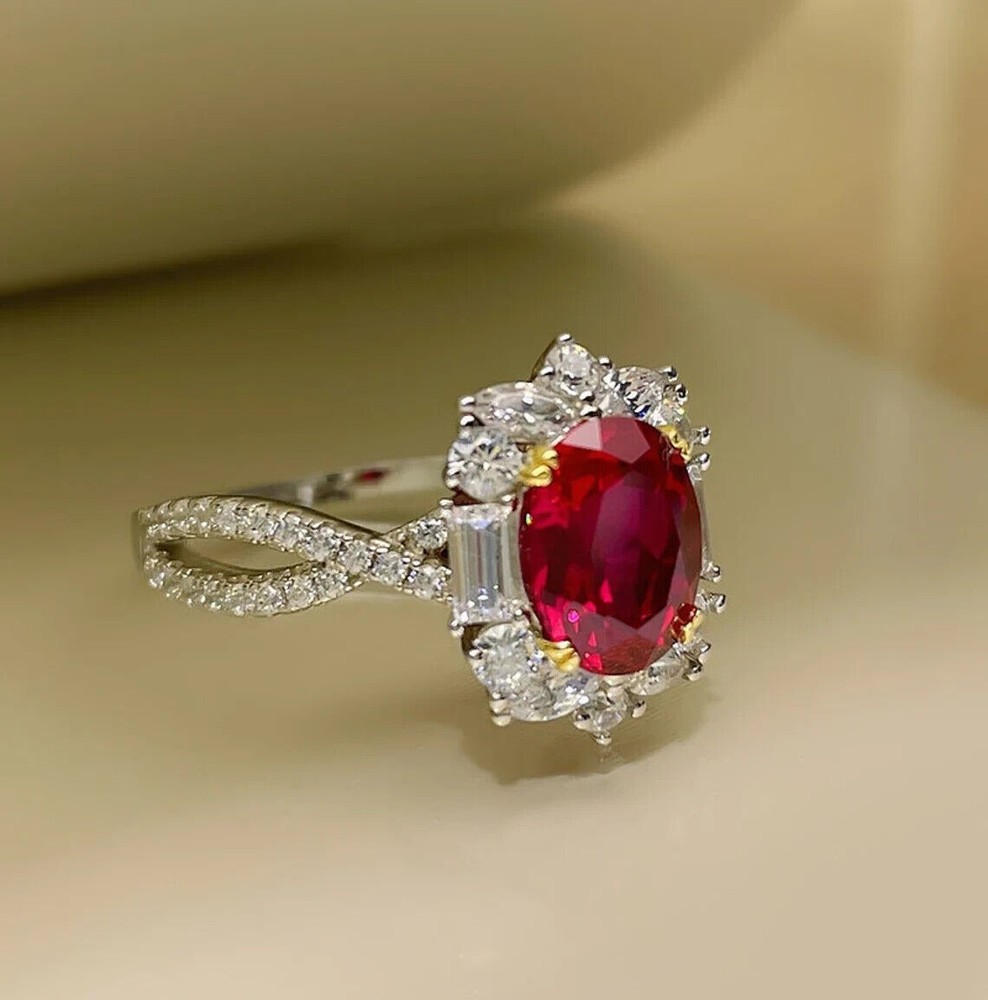4.60 Ct Oval Cut Natural Ruby Diamond Wedding Ring 14K Solid White Gold Size 7