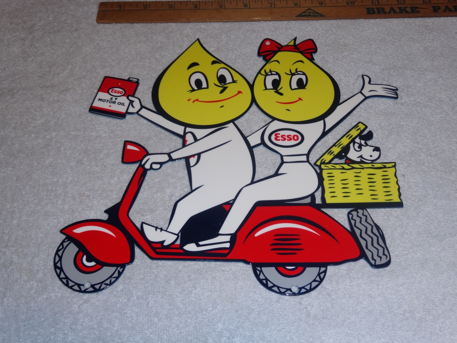 VINTAGE ESSO OIL DROP BOY & GIRL ON VESPA SCOOTER W/ DOG 12" METAL GASOLINE SIGN