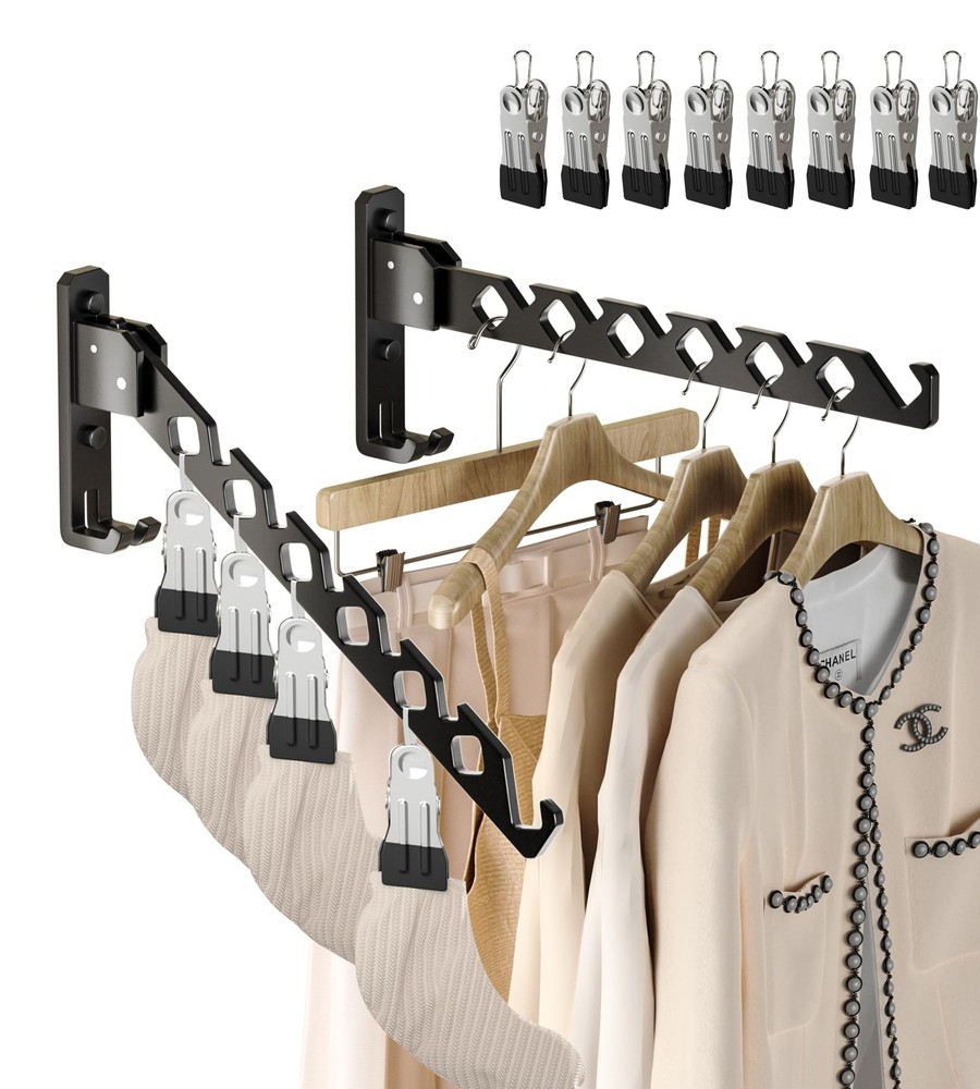Retractable Wall-Mounted Coat Hanger Rack - 2 Pack, 8 Hooks, Space Saver