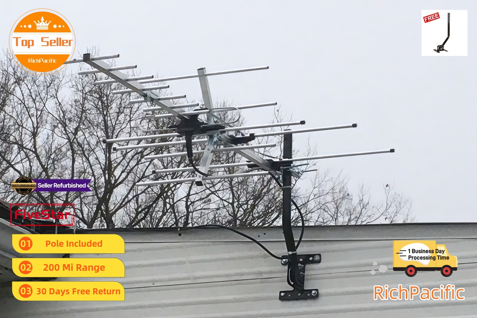 4K Yagi Outdoor TV Antenna 250 Mile for UHF VHF FM Digital Reception