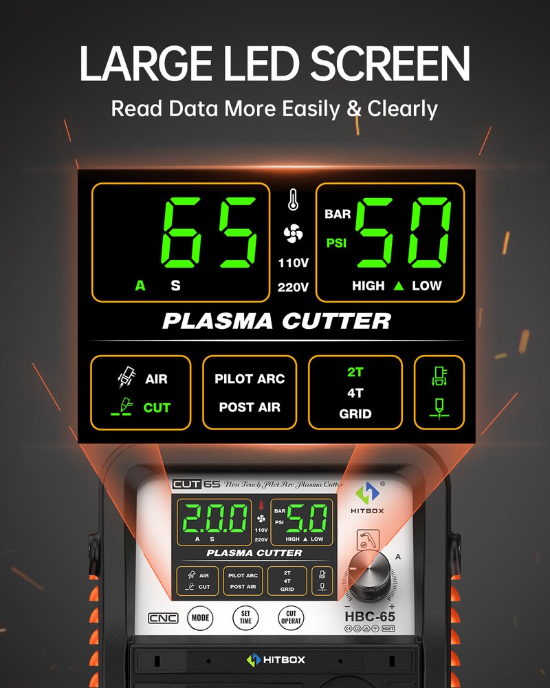 Hitbox 65A Non-Touch Pilot Arc Digital Plasma Cutter, 110/220V Cutting Machine