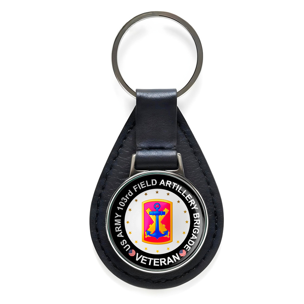 US Army 103rd Field Artillery Brigade Veteran Leather Keychain Silver Keyring
