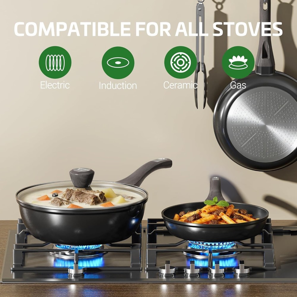 NEW! Nonstick Cookware Set Titanium Coating Pan Set Induction Cookware Oven Safe