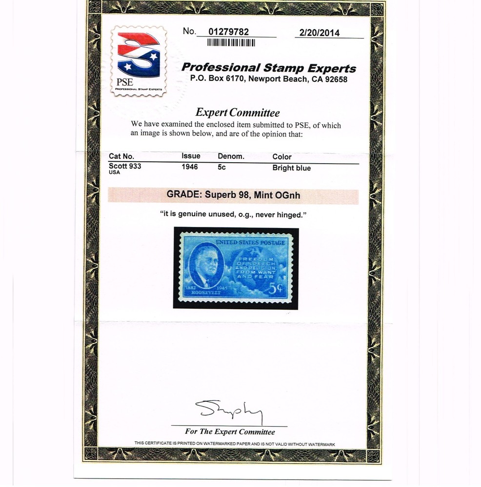 EXCEPTIONAL GENUINE SCOTT #933 MINT PRISTINE OG NH PSE CERT GRADED SUPERB 98