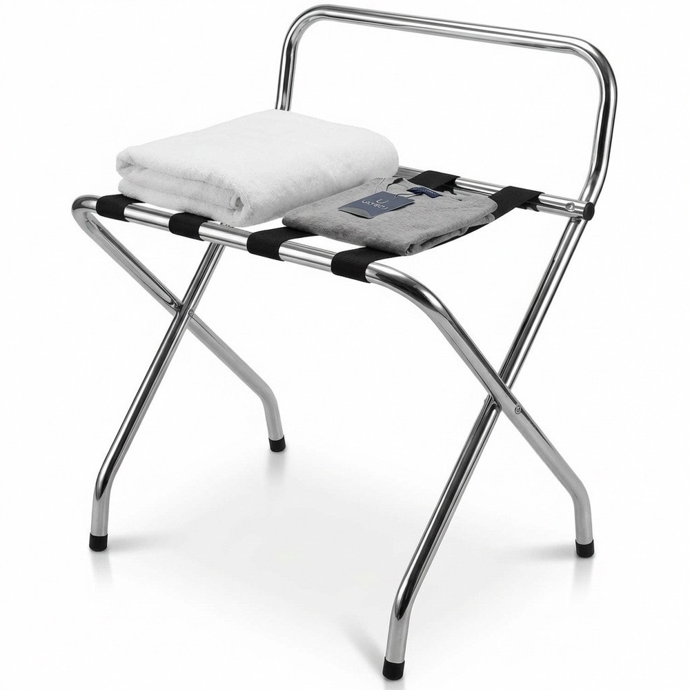 USTECH - Luggage Rack-Single Tier with High Back, Chrome, Foldable