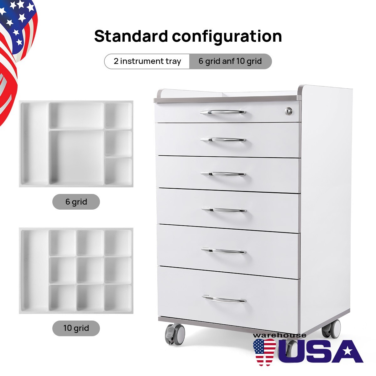 Dental Mobile Medical Cart Cabinet 5 Drawers Instrument Stand Lab Overbed Table