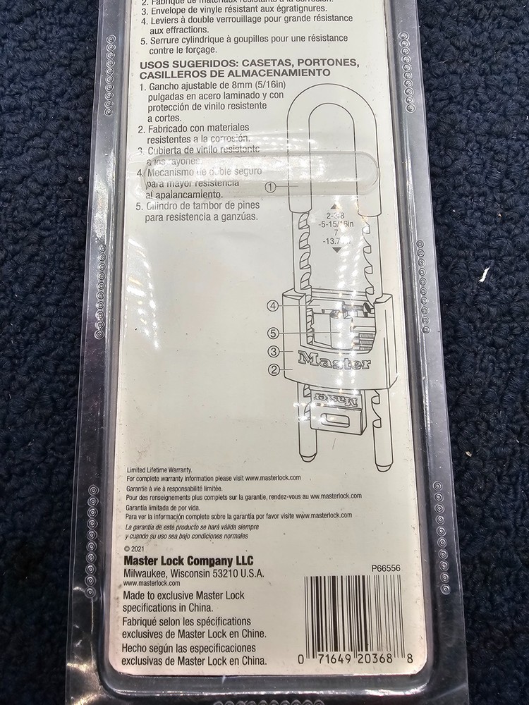 Master Lock 527D Solid Body Padlock, Adjustable Length Shackle, 2 in. Body