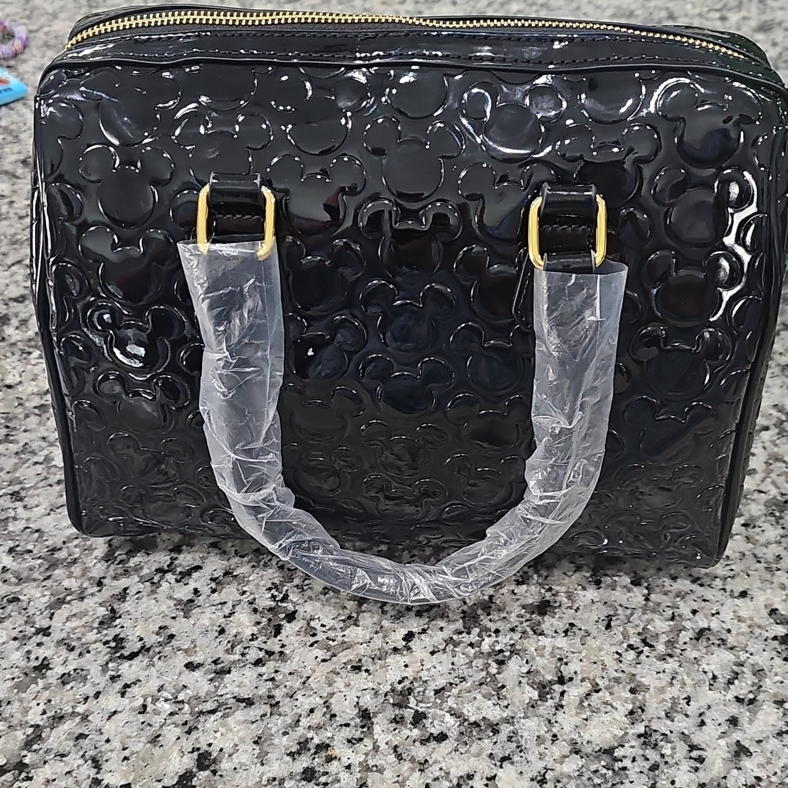 Disney Mickey Mouse Medium Handbag Black Embossed Gold Hardware