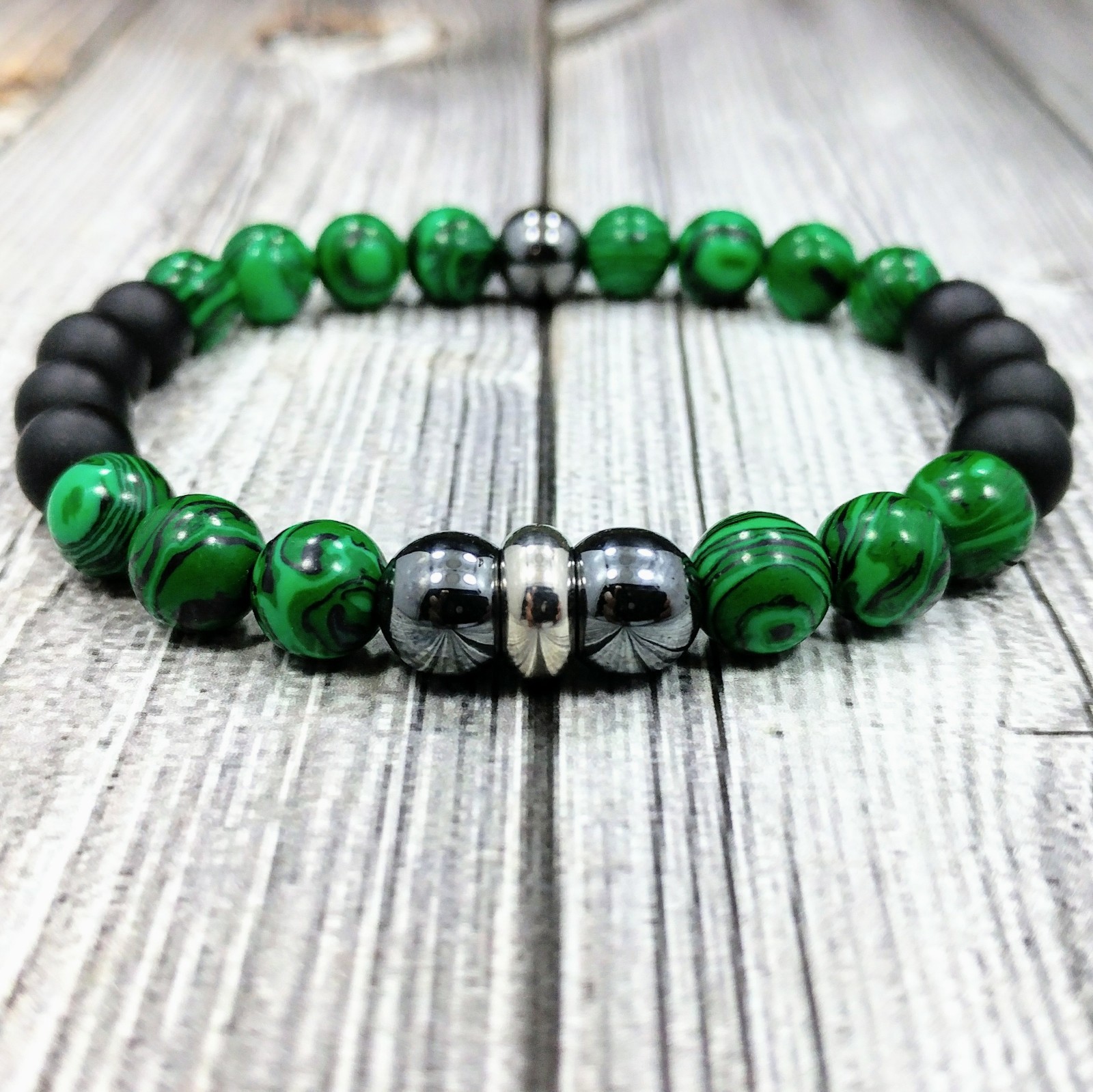 7.5"L STAINLESS STEEL 8mm Malachite+Hematite+Onyx Gemstone Beaded Men's Bracelet