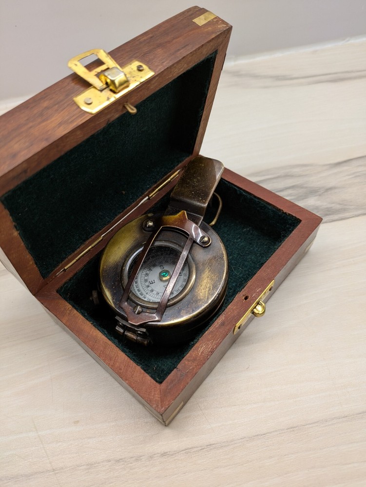 Nautical Solid Brass WW2  Compass in Wooden Box -Great Condition