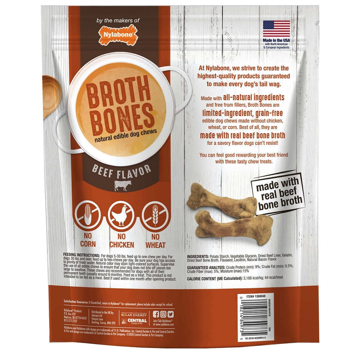 2 x Nylabone Broth Bones Natural Edible Dog Chews Beef Flavor 60ct 2.60lb= 120ct
