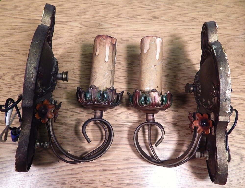 PAIR ART DECO CAST IRON WALL SCONCES POLYCHROMED ORIGINAL