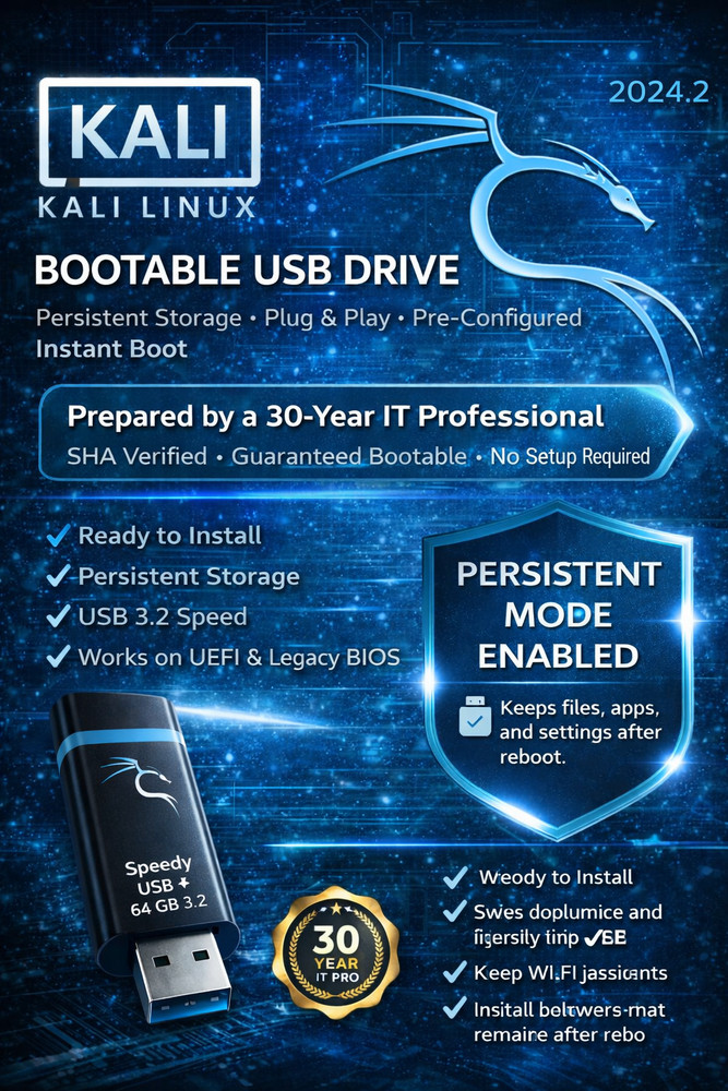 Kali Linux Persistent USB 64GB Bootable USB 3.2 Ready to Use