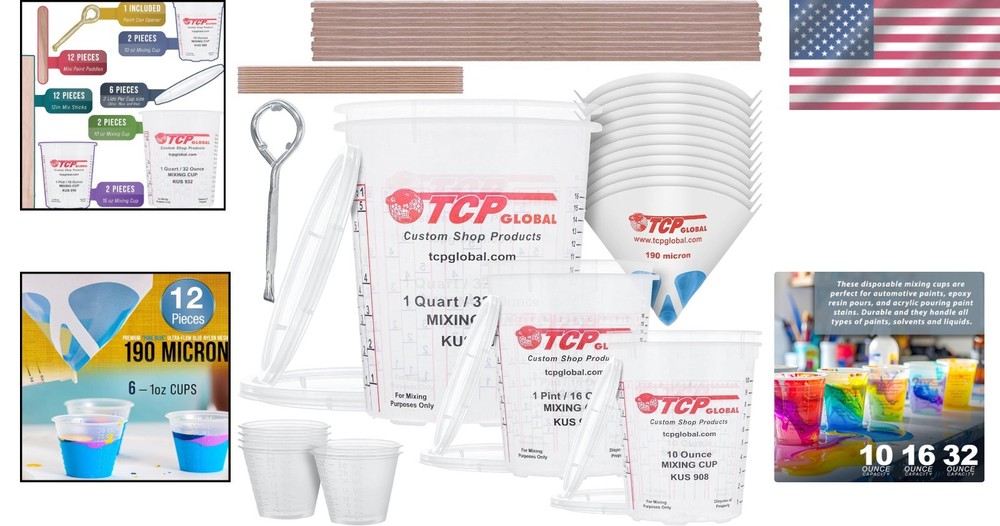 Paint Mixing Kit - 12 Cups, Lids, Sticks, Strainers