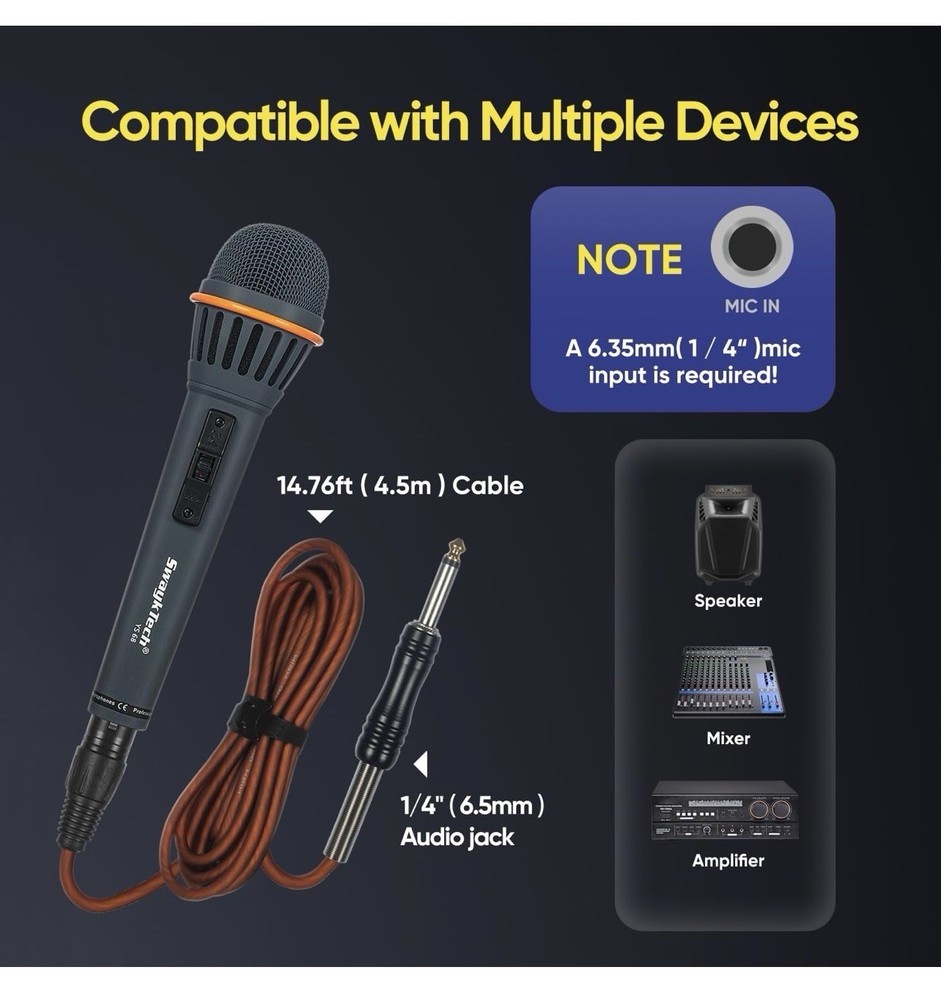 Dynamic Wired Microphone Karaoke PA DJ Speech Includes Case Cable New 1/4inInput