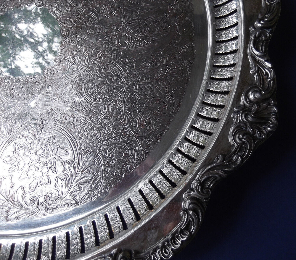 Coronet Silver on Copper 16-1/2" Reticulated Round Footed Silverplate Tray