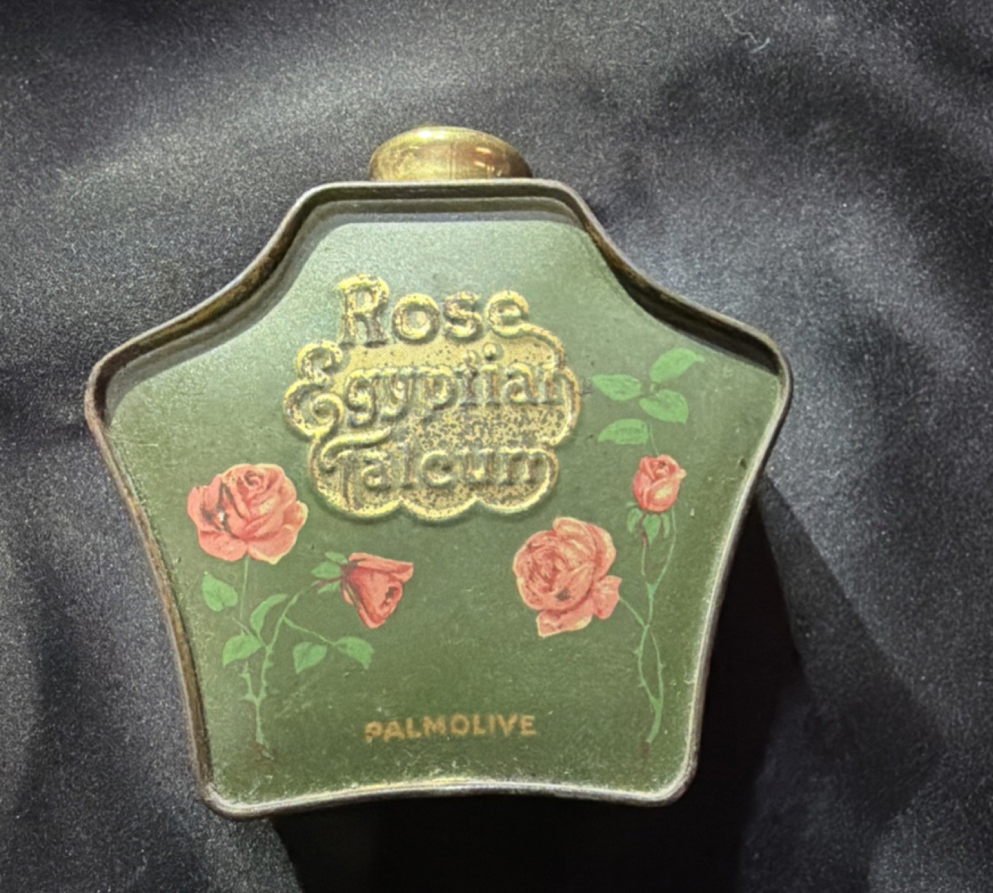 Palmolive Rose Egyptian Talcum & Bath Powder Advertising Tin Green Gold Pink