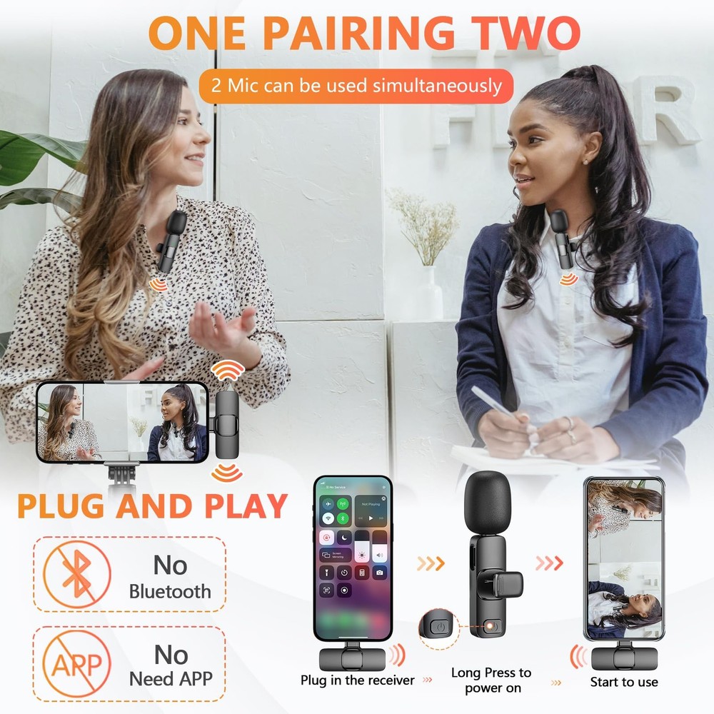 Wireless Microphone for iPhone, Android , Laptop, 2 Pack Lavalier Microphone ...