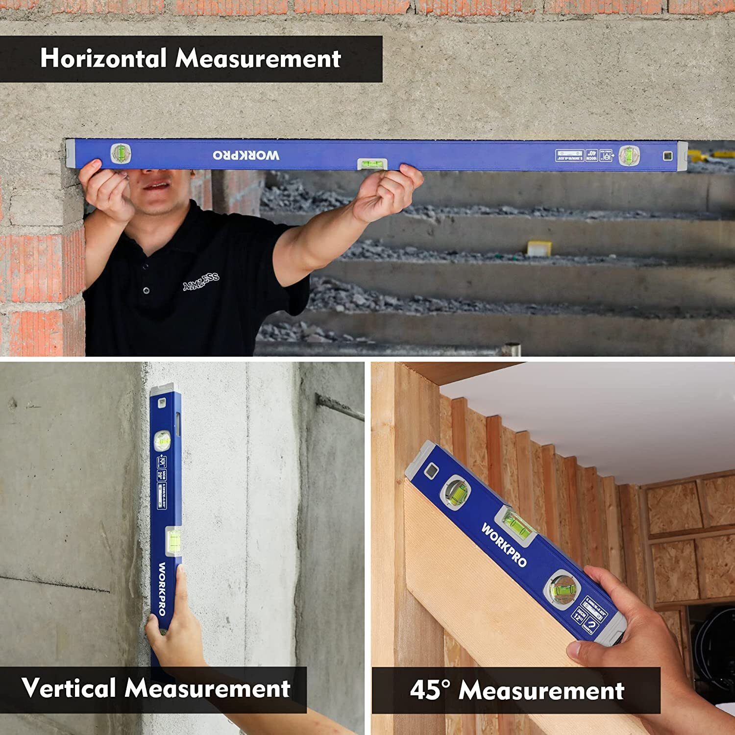 WORKPRO 3PC Spirit Level Set 12" 20" 40" Level Magnetic Torpedo Level Heavy Duty