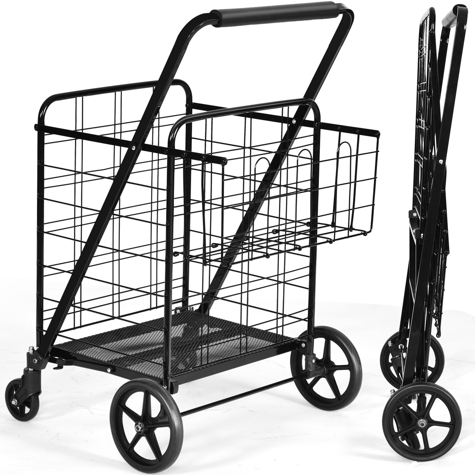 Heavy Duty Folding Shopping Cart Utility Jumbo Double Basket 330lbs Black