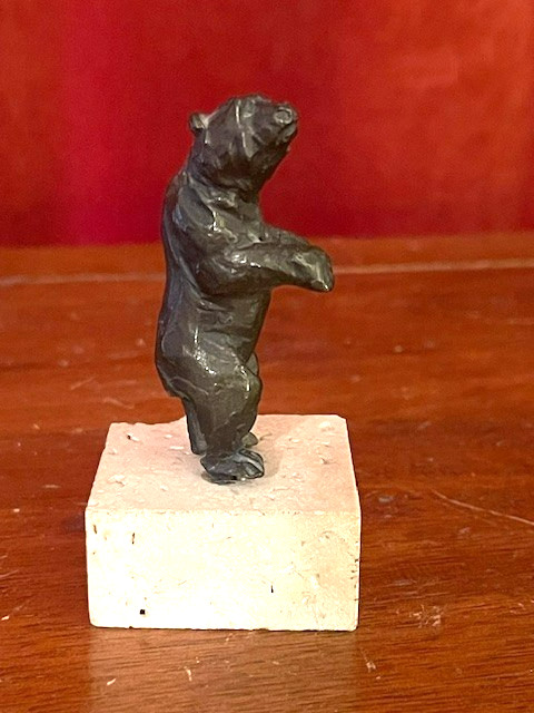 Vintage Small Bronze Bear Statue On Stone Base