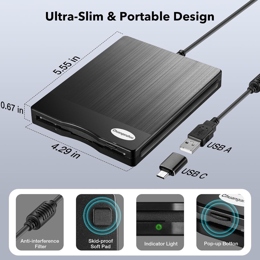 Floppy Disk Reader, 3.5 inch USB Type A&C External Floppy Disk Drive, 3 1/2 F...