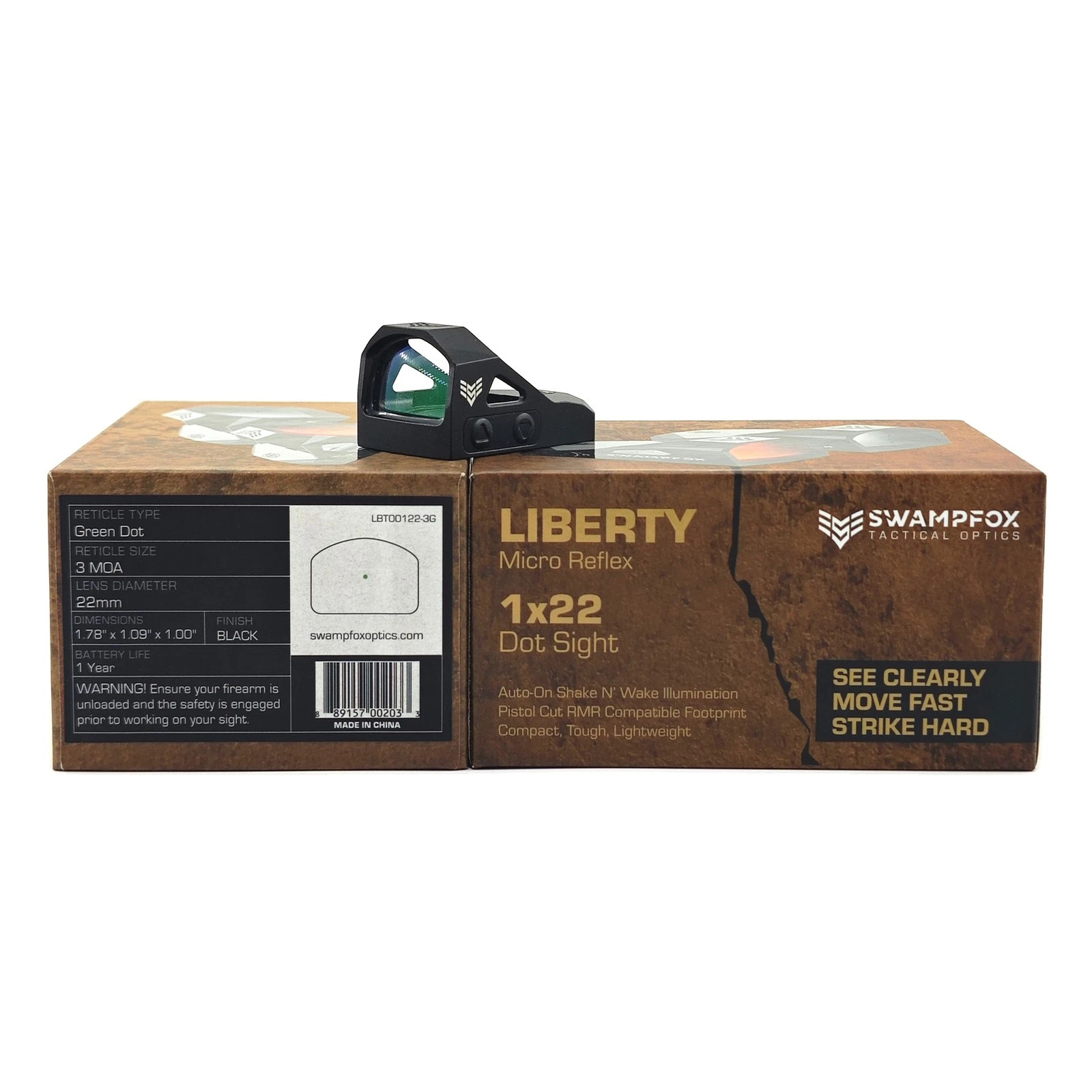 Swampfox Liberty Micro Reflex 3MOA 1x22mm Green Dot Sight For RMR Footprint New
