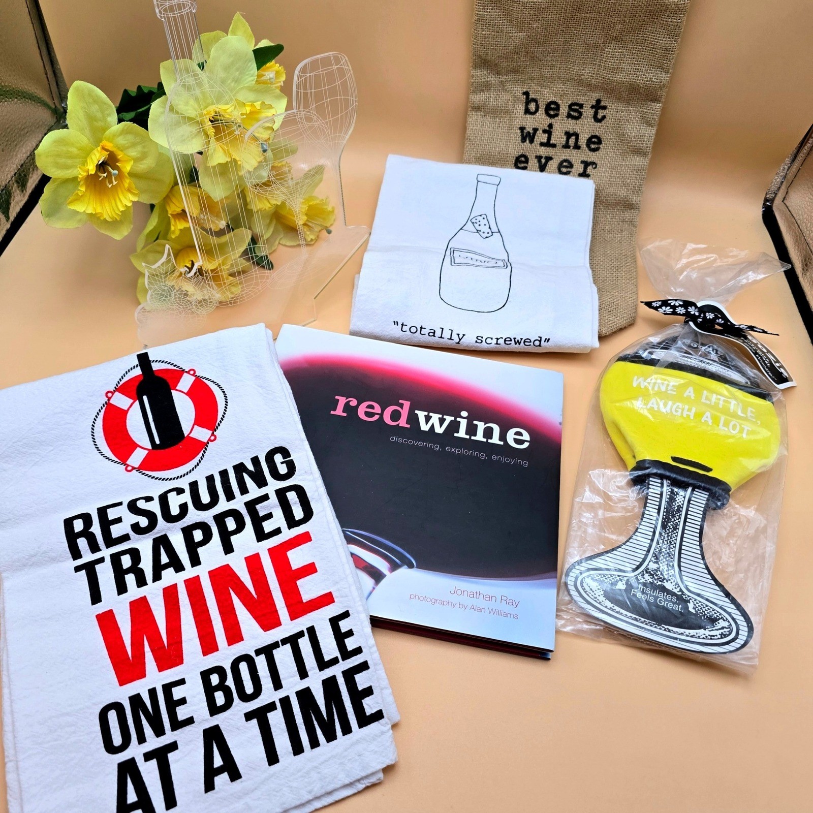 Wine Lovers Gift Set  Book Towels Burlap Bag Woozie Sleeve Wine Decor 6 Pc