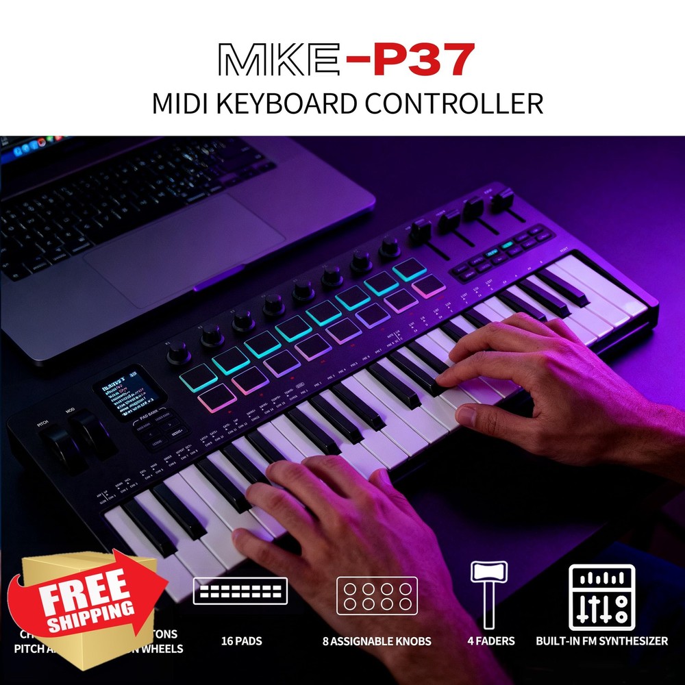 EROK 37 Key MIDI Keyboard Controller 16 Drum Pads 8 Knobs