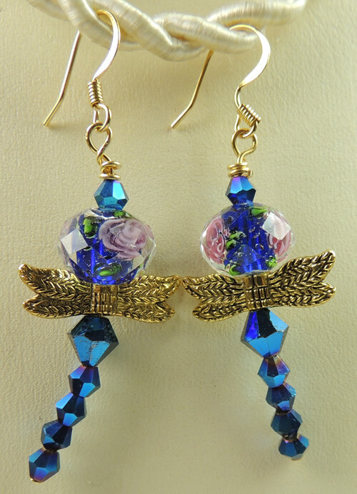 Dragonfly Lampwork & Crystal Beaded Statement Earrings Handmade