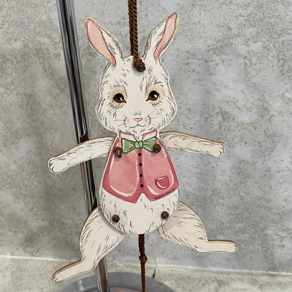 Vintage Paper Mounted on Wood Easter Rabbit Pull-String Toy Jumping Puppet 9” H