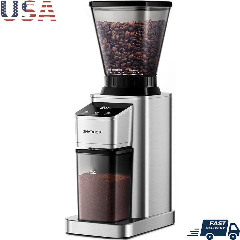 Precision Timer Burr Coffee Grinder 48 Settings Anti Static Large Hopper Silver
