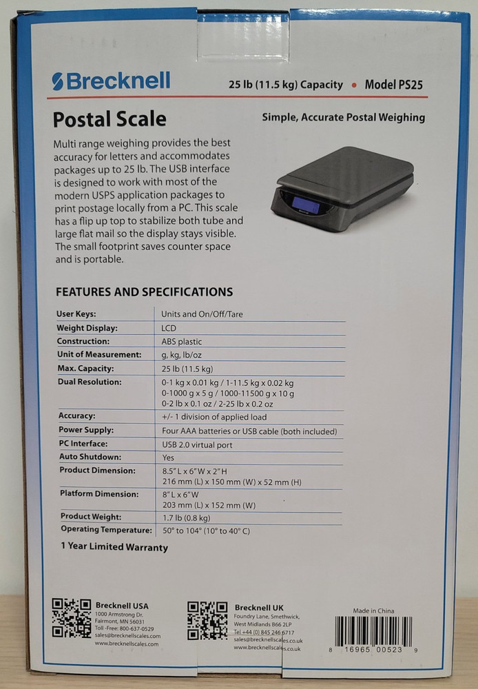 Brecknell Digital Postal Scale, 25 lb. Capacity (PS25 GRAY)