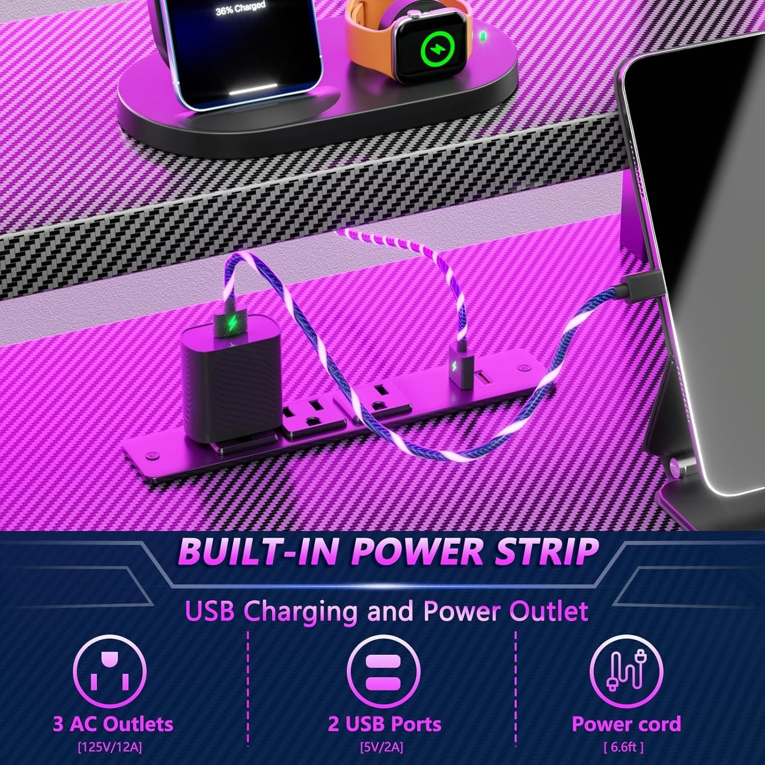 40 Inch Gaming Desk with Power Outlet & LED Lights, L Shaped Computer Gaming