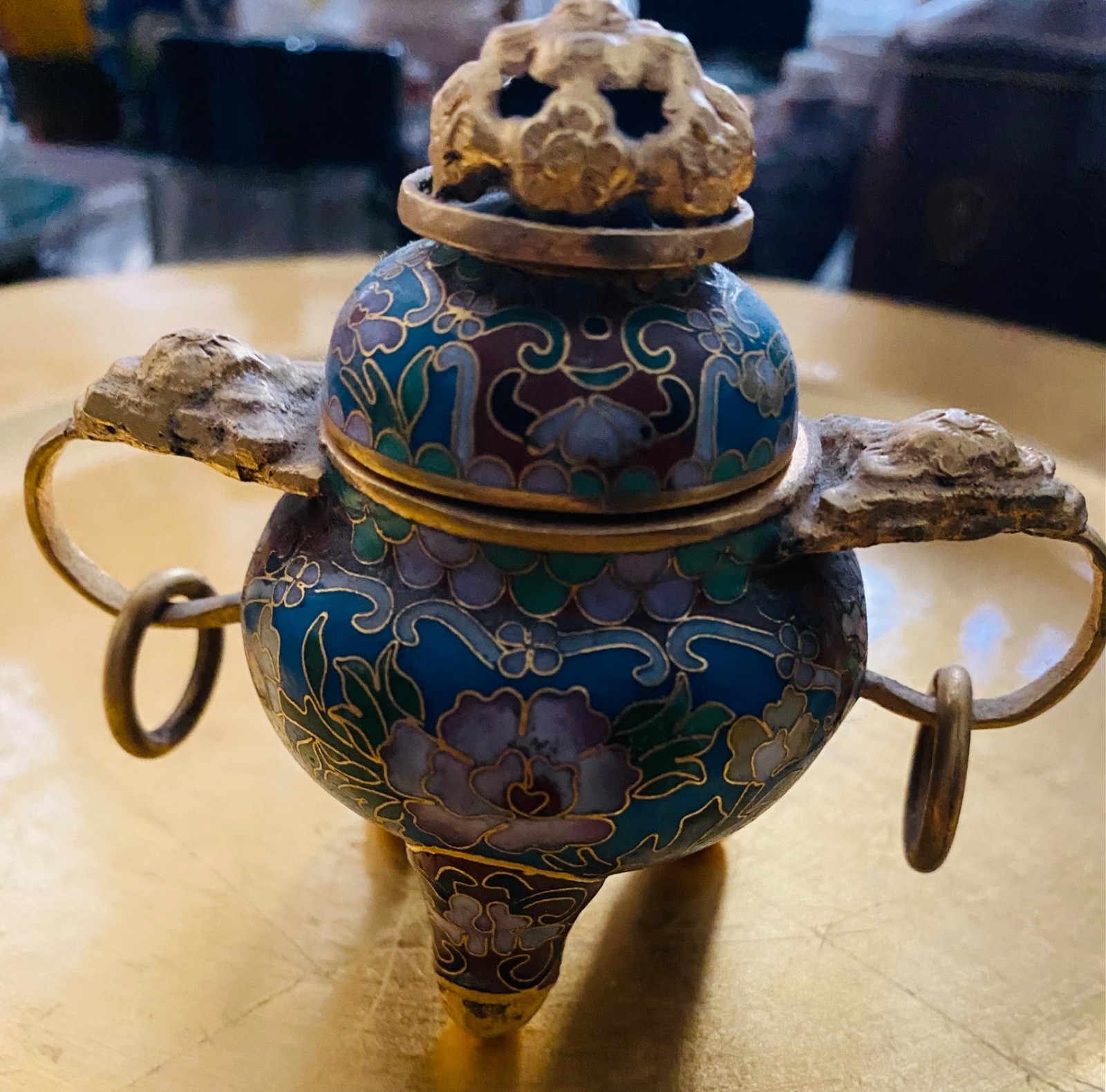 Vintage Chinese Incense Burner Cloisonne Enamel Gilt Bronze with Handles