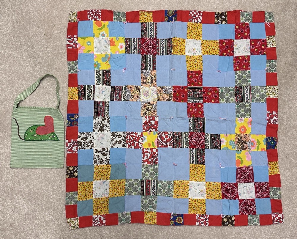Handmade Patchwork Small Quilt 33" x33" Lap or Child + Handmade Mouse Bag!