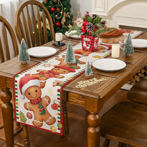 Christmas Table Runner, Gingerbread Decorations, Brown Cartoon Pattern, 13''