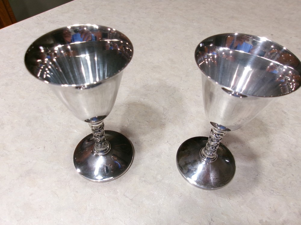 2 - Vintage Silver-Plated Wine Goblet Stemware-Spain-Twisted Grapevine Stem