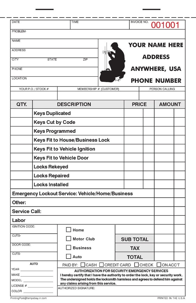(10) Locksmith Work Order / NUMBERED Invoice Books 50 2-part sets per book