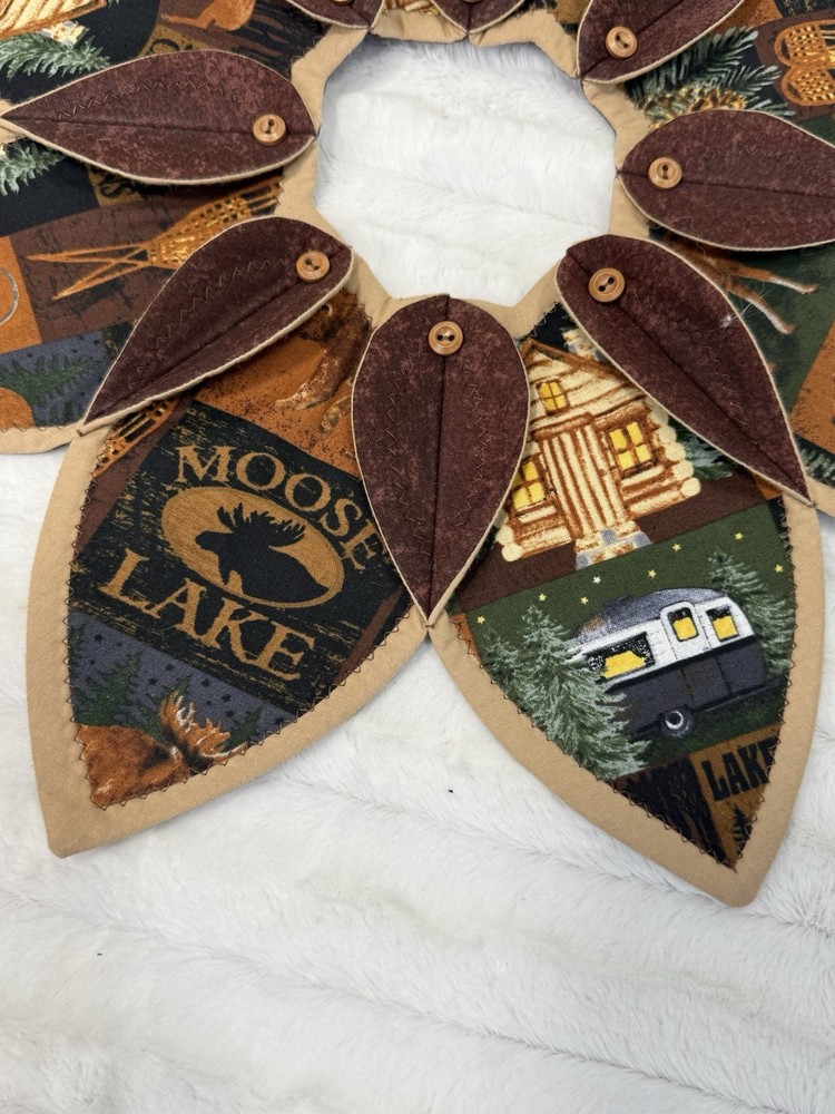 Handmade Leaf Round Table Centerpiece Quilted Rustic Cabin Moose Deer Woods