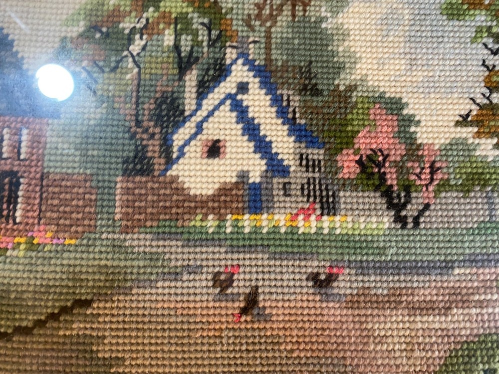 Vintage Needlepoint "White Cottage" - Framed