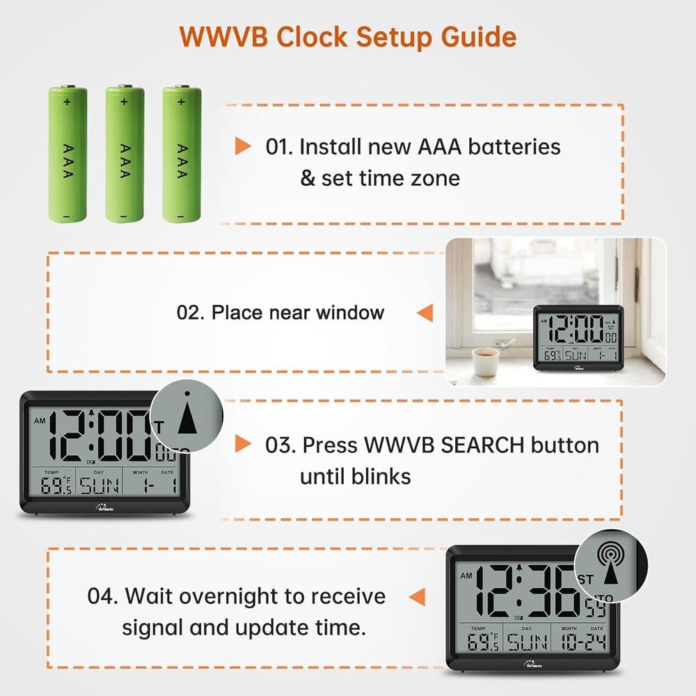 Battery-Powered Digital Atomic Clock - Large LCD, Weatherproof & Alarm Function