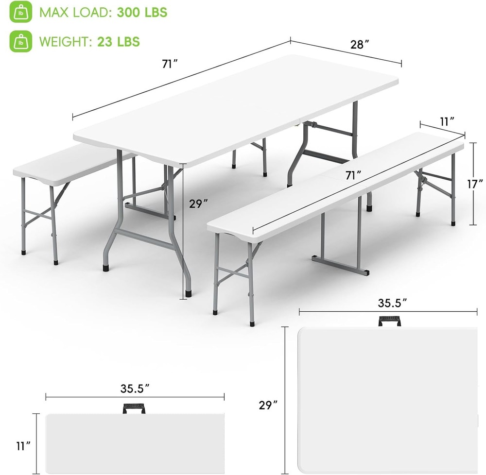 White Folding Picnic Table Set 6ft with 2 Benches