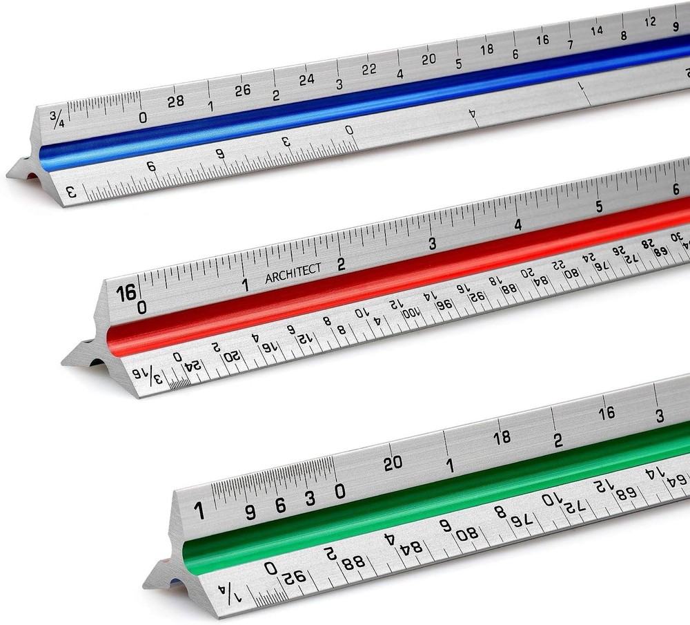 12" Architectural Scale Ruler Aluminum Architect Triangular Tricolor