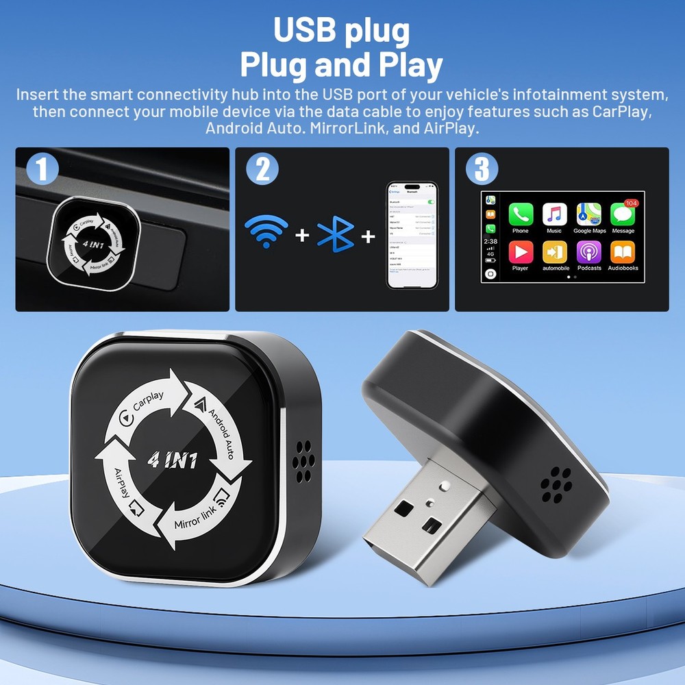 4-in-1 Wireless CarPlay Adapter & Android Auto Wireless Adapter, Plug & Play