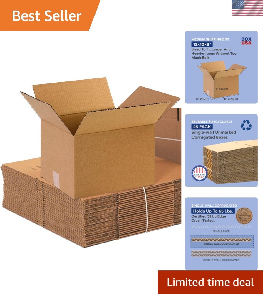 Durable 12x10x8 Shipping Boxes - 25 Count ECT-32 Corrugated for Moving & Storage